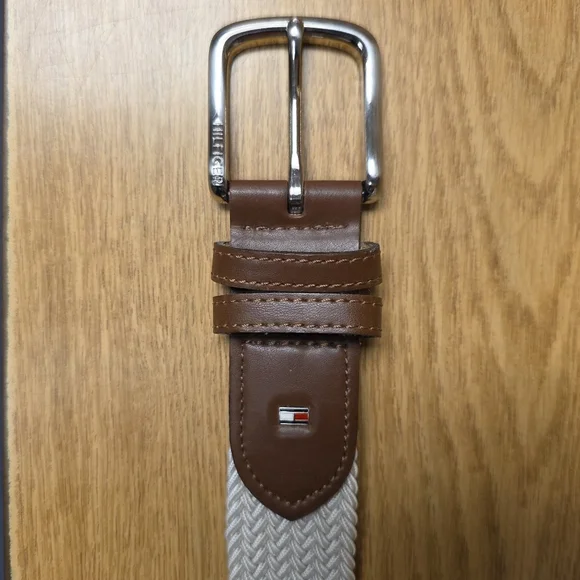Tommy Hilfiger Mens White Woven Stretch Belt Leather Trim Size Large (38 To 40) - Picture 2 of 8
